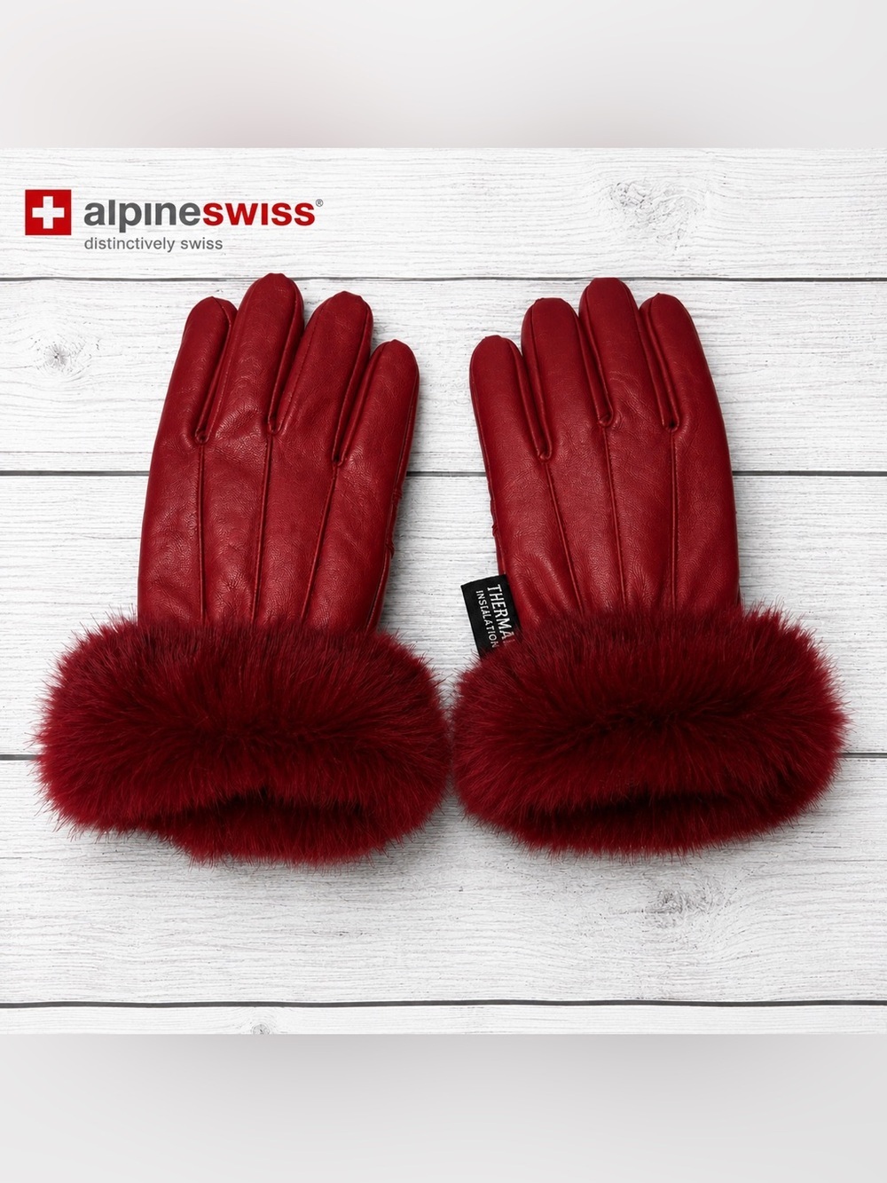 AlpineSwiss Red Faux Fur Trim Winter Gloves Thermal Insulated Soft Cozy Chic